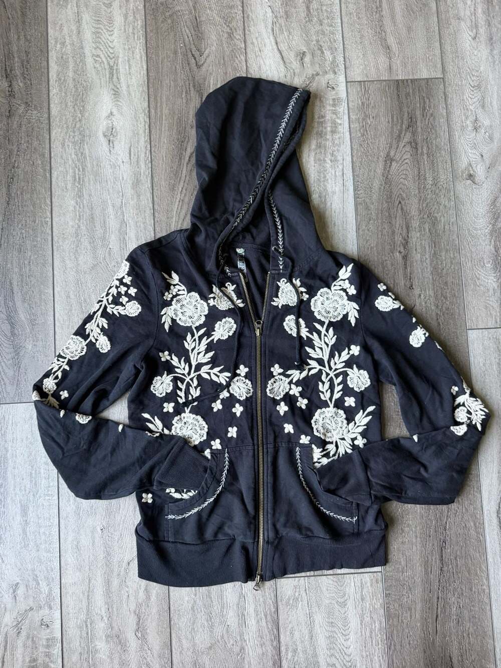 Free People Black Floral Embroidered Zip-Up Hoodie